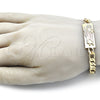 Oro Laminado Fancy Bracelet, Gold Filled Style San Judas and Pave Figaro Design, Polished, Tricolor, 03.351.0162.2.08 (07 MM Thickness, 8 Inches Length)