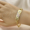 Oro Laminado Fancy Bracelet, Gold Filled Style San Judas and Pave Figaro Design, Polished, Tricolor, 03.351.0162.2.08 (07 MM Thickness, 8 Inches Length)