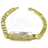 Oro Laminado Fancy Bracelet, Gold Filled Style San Judas and Pave Figaro Design, Polished, Tricolor, 03.351.0162.2.08 (07 MM Thickness, 8 Inches Length)