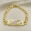 Oro Laminado Fancy Bracelet, Gold Filled Style San Judas and Pave Figaro Design, Polished, Tricolor, 03.351.0162.2.08 (07 MM Thickness, 8 Inches Length)