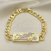 Oro Laminado Fancy Bracelet, Gold Filled Style San Judas and Pave Figaro Design, Polished, Tricolor, 03.351.0162.2.08 (07 MM Thickness, 8 Inches Length)