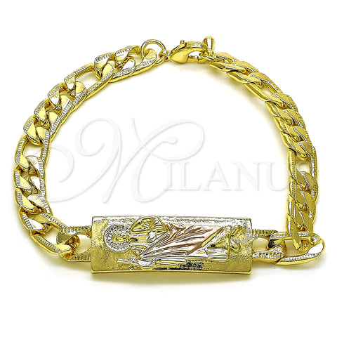 Oro Laminado Fancy Bracelet, Gold Filled Style San Judas and Pave Figaro Design, Polished, Tricolor, 03.351.0162.2.08 (07 MM Thickness, 8 Inches Length)