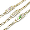 Oro Laminado Fancy Bracelet, Gold Filled Style San Judas and Pave Figaro Design, Polished, Tricolor, 03.351.0162.2.08 (07 MM Thickness, 8 Inches Length)