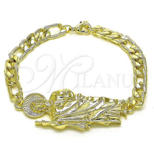 Oro Laminado Fancy Bracelet, Gold Filled Style San Judas and Pave Figaro Design, Polished, Golden Finish, 03.351.0163.08 (07 MM Thickness, 8 Inches Length)