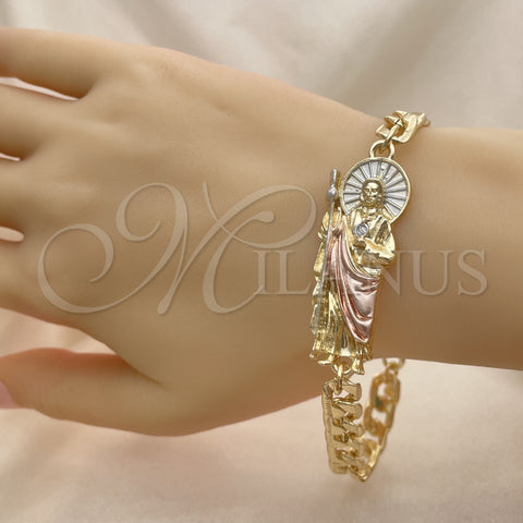 Oro Laminado Fancy Bracelet, Gold Filled Style San Judas and Pave Figaro Design, Polished, Tricolor, 03.351.0163.2.08 (07 MM Thickness, 8 Inches Length)