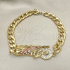 Oro Laminado Fancy Bracelet, Gold Filled Style San Judas and Pave Figaro Design, Polished, Tricolor, 03.351.0163.2.08 (07 MM Thickness, 8 Inches Length)