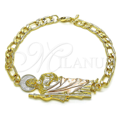 Oro Laminado Fancy Bracelet, Gold Filled Style San Judas and Pave Figaro Design, Polished, Tricolor for wholesale, main product view
