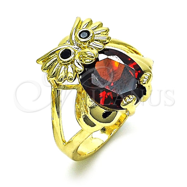 Oro Laminado Multi Stone Ring, Gold Filled Style Owl Design, with Garnet and Black Cubic Zirconia, Polished, Golden Finish, 01.380.0016.1.09 (Size 9)