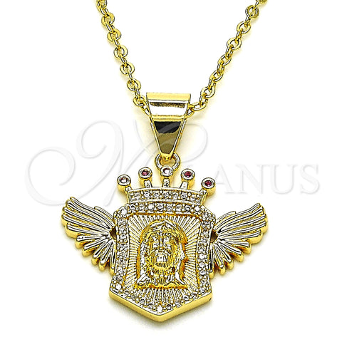 Oro Laminado Religious Pendant, Gold Filled Style Jesus and Wings Design, with White Micro Pave and Ruby Cubic Zirconia, Polished, Golden Finish, 05.342.0149