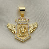 Oro Laminado Religious Pendant, Gold Filled Style Jesus and Wings Design, with White Micro Pave and Ruby Cubic Zirconia, Polished, Golden Finish, 05.342.0149