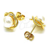 Oro Laminado Stud Earring, Gold Filled Style Infinite and Love Knot Design, with Ivory Pearl, Polished, Golden Finish, 02.342.0224