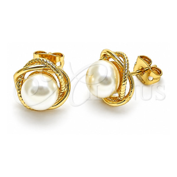 Oro Laminado Stud Earring, Gold Filled Style Infinite and Love Knot Design, with Ivory Pearl, Polished, Golden Finish, 02.342.0224