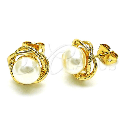 Oro Laminado Stud Earring, Gold Filled Style Infinite and Love Knot Design, with Ivory Pearl, Polished, Golden Finish, 02.342.0224