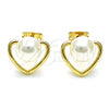 Oro Laminado Stud Earring, Gold Filled Style Heart Design, with Ivory Pearl, Polished, Golden Finish, 02.342.0226