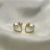 Oro Laminado Stud Earring, Gold Filled Style Heart Design, with Ivory Pearl, Polished, Golden Finish, 02.342.0226