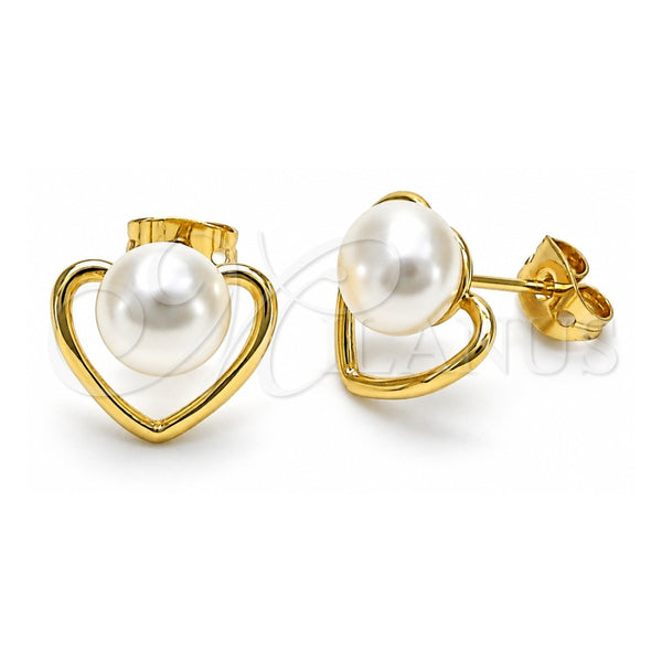 Oro Laminado Stud Earring, Gold Filled Style Heart Design, with Ivory Pearl, Polished, Golden Finish, 02.342.0226