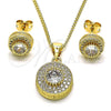 Oro Laminado Earring and Pendant Adult Set, Gold Filled Style Sun Design, with White Cubic Zirconia and White Micro Pave, Polished, Golden Finish, 10.342.0095