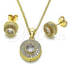 Oro Laminado Earring and Pendant Adult Set, Gold Filled Style Sun Design, with White Cubic Zirconia and White Micro Pave, Polished, Golden Finish, 10.342.0095