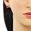 Oro Laminado Stud Earring, Gold Filled Style Cluster Design, with Ruby Cubic Zirconia and White Micro Pave, Polished, Golden Finish, 02.342.0106.3