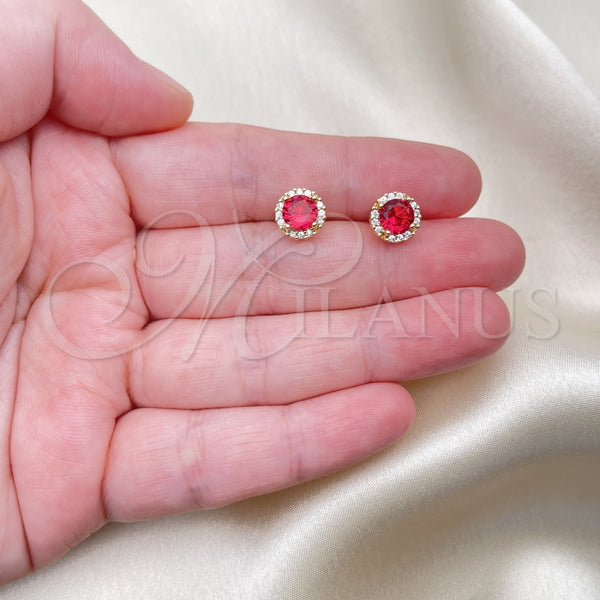 Oro Laminado Stud Earring, Gold Filled Style Cluster Design, with Ruby Cubic Zirconia and White Micro Pave, Polished, Golden Finish, 02.342.0106.3