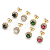 Oro Laminado Stud Earring, Gold Filled Style Cluster Design, with Ruby Cubic Zirconia and White Micro Pave, Polished, Golden Finish, 02.342.0106.3