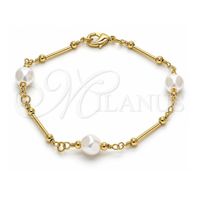Oro Laminado Fancy Bracelet, Gold Filled Style Ball and Love Design, with Ivory Pearl, Polished, Golden Finish, 03.386.0022.07 (08 MM Thickness, 8 Inches Length)