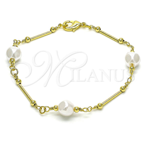 Oro Laminado Fancy Bracelet, Gold Filled Style Ball and Love Design, with Ivory Pearl, Polished, Golden Finish, 03.386.0022.07 (08 MM Thickness, 8 Inches Length)