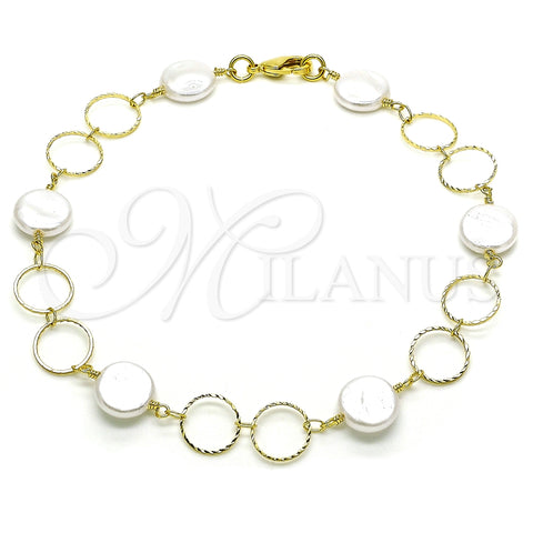 Oro Laminado Fancy Anklet, Gold Filled Style with Ivory Pearl, Polished, Golden Finish, 03.386.0024.10 (10 MM Thickness, 10 Inches Length)