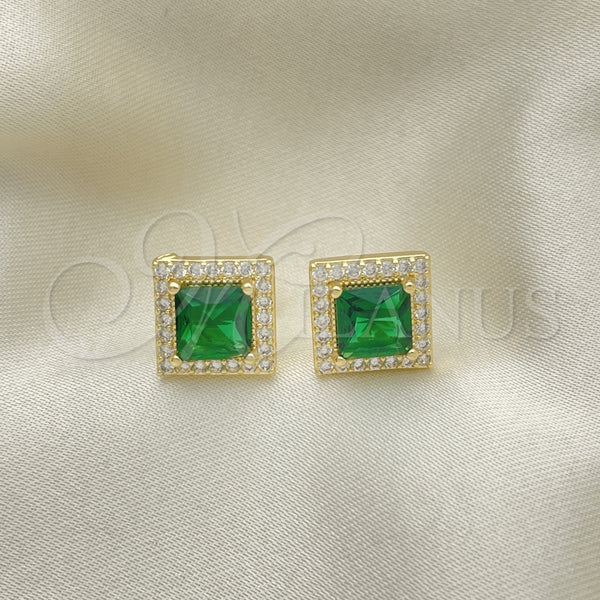 Oro Laminado Stud Earring, Gold Filled Style Cluster Design, with Green Cubic Zirconia and White Micro Pave, Polished, Golden Finish, 02.210.0477.5