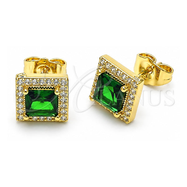 Oro Laminado Stud Earring, Gold Filled Style Cluster Design, with Green Cubic Zirconia and White Micro Pave, Polished, Golden Finish, 02.210.0477.5