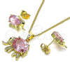 Oro Laminado Earring and Pendant Adult Set, Gold Filled Style Elephant Design, with Pink Cubic Zirconia and White Micro Pave, Polished, Golden Finish, 10.210.0125.4