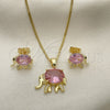 Oro Laminado Earring and Pendant Adult Set, Gold Filled Style Elephant Design, with Pink Cubic Zirconia and White Micro Pave, Polished, Golden Finish, 10.210.0125.4