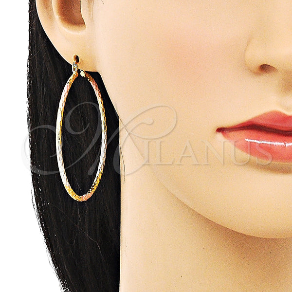 Gold Filled Hoop Earrings — Large Hoop Diamond Cutting Tricolor 02. — alternate product view — SKU 151162 | Oro Laminado aretes de aro — Large Hoop Diamond Cutting Tricolor 02. — SKU 151162