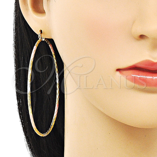 Gold Filled Hoop Earrings — Extra Large Hoop Diamond Cutting Tricolor 02. — alternate product view — SKU 151164 | Oro Laminado aretes de aro — Extra Large Hoop Diamond Cutting Tricolor 02. — SKU 151164
