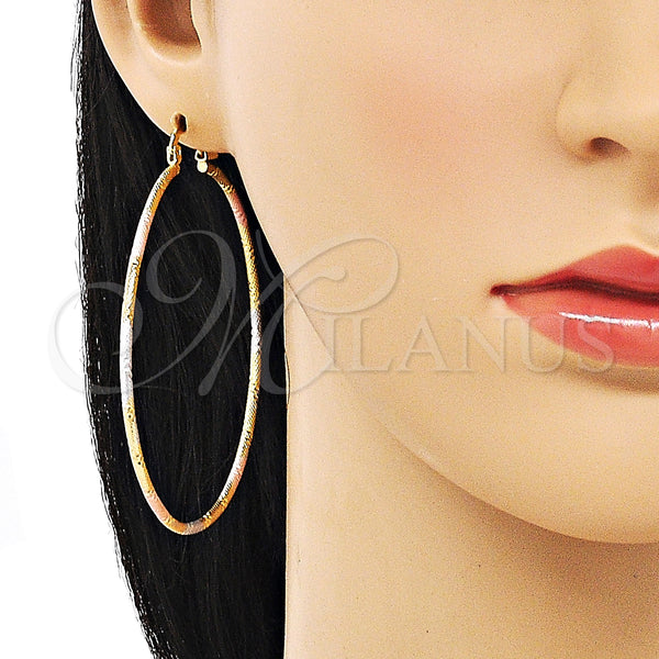 Gold Filled Hoop Earrings — Large Hoop Diamond Cutting Tricolor 02. — alternate product view — SKU 151168 | Oro Laminado aretes de aro — Large Hoop Diamond Cutting Tricolor 02. — SKU 151168