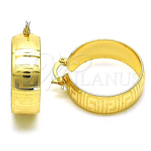 Gold Filled Hoop Earrings — Small Hoop Greek Key Design Polished 02. — main product view — SKU 151177 | Oro Laminado aretes de aro — Small Hoop Greek Key diseño pulido 02. — SKU 151177