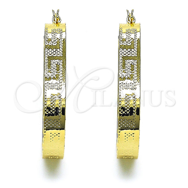 Gold Filled Hoop Earrings — Small Hoop Greek Key Design Diamond Cutting 02. — alternate product view — SKU 151184 | Oro Laminado aretes de aro — Small Hoop Greek Key diseño Diamond Cutting 02. — SKU 151184