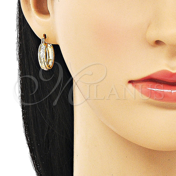 Gold Filled Hoop Earrings — Small Hoop Greek Key Design Polished Tricolor 02. — alternate product view — SKU 151188 | Oro Laminado aretes de aro — Small Hoop Greek Key diseño pulido Tricolor 02. — SKU 151188