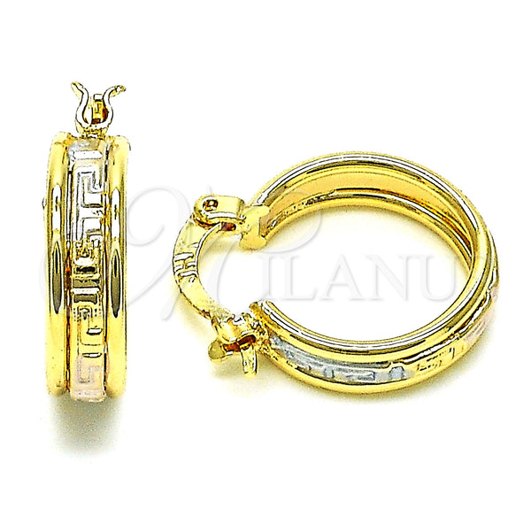 Gold Filled Hoop Earrings — Small Hoop Greek Key Design Polished Tricolor 02. — main product view — SKU 151188 | Oro Laminado aretes de aro — Small Hoop Greek Key diseño pulido Tricolor 02. — SKU 151188