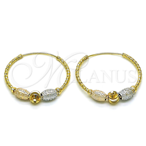 Oro Laminado Medium Hoop, Gold Filled Style Greek Key Design, Diamond Cutting Finish, Tricolor, 02.170.0409.30