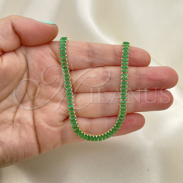 Oro Laminado Fancy Necklace, Gold Filled Style Baguette Design, with Green Cubic Zirconia, Polished, Golden Finish, 04.130.0001.7.12 (05 MM Thickness, 12 Inches Length)