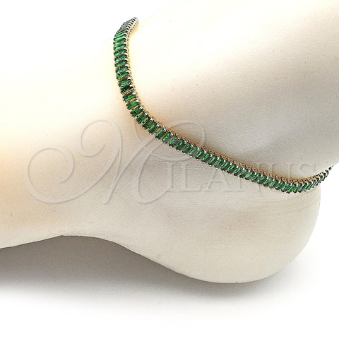 Oro Laminado Fancy Anklet, Gold Filled Style Baguette Design, with Green Cubic Zirconia, Polished, Golden Finish, 03.130.0008.7.10 (05 MM Thickness, 10 Inches Length)