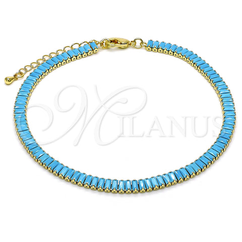 Oro Laminado Fancy Anklet, Gold Filled Style Baguette Design, with Turquoise Cubic Zirconia, Polished, Golden Finish, 03.130.0008.6.10 (05 MM Thickness, 10 Inches Length)
