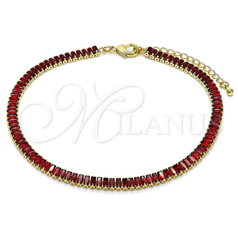 Oro Laminado Fancy Anklet, Gold Filled Style Baguette Design, with Garnet Cubic Zirconia, Polished, Golden Finish, 03.130.0008.1.10 (05 MM Thickness, 10 Inches Length)