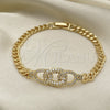 Oro Laminado Fancy Bracelet, Gold Filled Style Miami Cuban Design, with White Micro Pave, Polished, Golden Finish, 03.283.0275.07 (05 MM Thickness, 8 Inches Length)