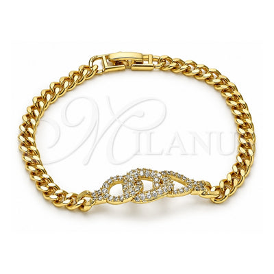 Oro Laminado Fancy Bracelet, Gold Filled Style Miami Cuban Design, with White Micro Pave, Polished, Golden Finish, 03.283.0275.07 (05 MM Thickness, 8 Inches Length)