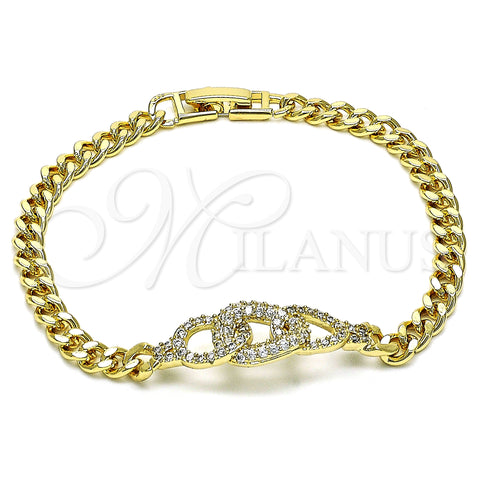 Oro Laminado Fancy Bracelet, Gold Filled Style Miami Cuban Design, with White Micro Pave, Polished, Golden Finish, 03.283.0275.07 (05 MM Thickness, 8 Inches Length)