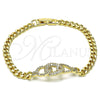 Oro Laminado Fancy Bracelet, Gold Filled Style Miami Cuban Design, with White Micro Pave, Polished, Golden Finish, 03.283.0275.07 (05 MM Thickness, 8 Inches Length)