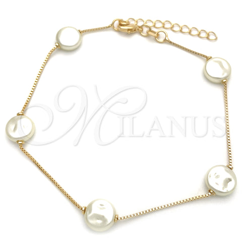 Oro Laminado Fancy Bracelet, Gold Filled Style Box Design, with Ivory Pearl, White Polished, Golden Finish, 03.02.0087.07 (01 MM Thickness, 7 Inches Length)