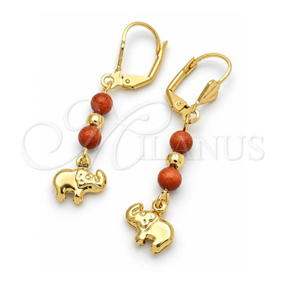 Oro Laminado Dangle Earring, Gold Filled Style Elephant and Ball Design, with Brown Goldstone Venturina, Polished, Golden Finish, 02.02.0499